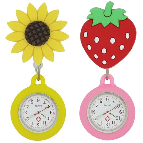 Reloj de enfermera con clip retráctil de cuarzo y esferas de fresa y girasol