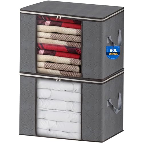 AIOR 2 Stück 90L Groß Aufbewahrungstasche, Faltbare Unterbett Kleideraufbewahrung Schrank Organizer Set, für Bettwäsche, Kleidung, Decken, Kissen Quilt Saison Artikel Lagerung, 60x40x35cm
