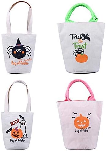 Personalized Halloween Treat Bags 4 Pack Assortment, Customized Canvas Trick Candy Bag with Pumpkins, Jack-o-Lanterns, Ghosts, Witches & More (2 small, 2 big sacks)