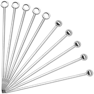CKANDAY 10 Pack Stainless Steel Cocktail Picks, Reusable Fruit Sticks Metal Martini Skewers Olive Drink Picks Set for Holiday Party Events, Circle/Ball,2 Styles Tops- Silver