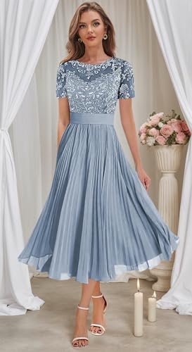 Tea Length Mother of The Bride Dresses for Women Chiffon Lace Formal Evening Dress with Sleeves3