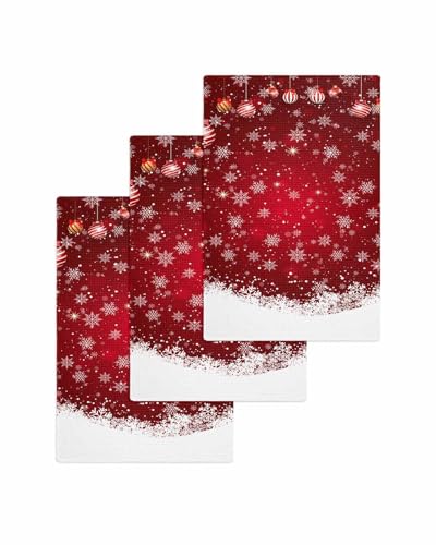 Hokiten Red Christmas Waffle Kitchen Towels Dishcloths, Xmas Balls Snowflake Absorbent Dish Towels | Hand Towels for Bathroom/Bar, 16 x 24 Inch, 3 Pcs