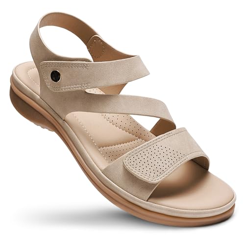 Littleplum Damen Sandalen Sommer Freizeit Frauen Arch Support Flache Sandalen,Beige,38 EU