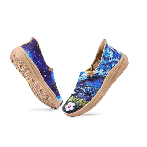 Womens Colorful Floral Sneakers Loafers Unique Funky Slip On Wide Toe Box Shoes Casual Walking Tennis Comfort Wear Art Painted Travel Spring Summer (Black-Blue Adult Women 8.5 Numeric US Footwear Size System Wide)