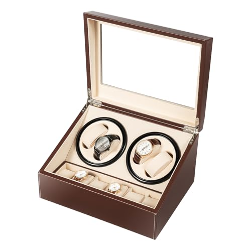 SanBouSi Remontoir automatique pour 4 montres + 6 emplacements de rangement supplémentaires, fenêtre en verre transparent, super silencieux, pour homme et femme, marron