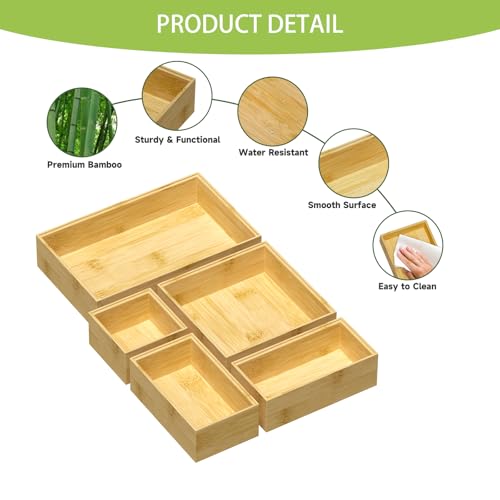 Bamboo Drawer Organizer Set, 5 PCS Multi-use Varied Sizes Junk Drawer Organizer Kitchen Storage Box for Office, Home, Bedroom, Bathroom, Bamboo - Image 4