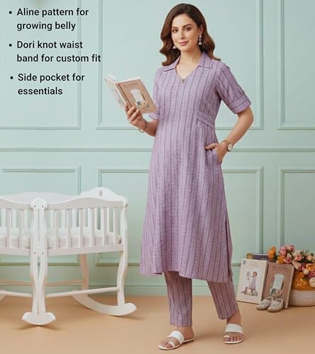 Image of DUMMY SHAPE Feeding Dresses for Women Full Set | Cotton Blend Maternity Kurta Pant Suit with Dual Nursing Zippers, Side Pocket to Pre & Post Pregnancy | Mom to Be Gifts