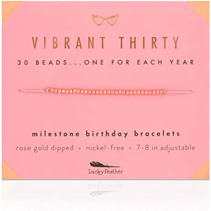Lucky Feather 30th Birthday Gifts for Women; 30th Birthday Bracelet with 30 14K Rose Gold Dipped Beads on Adjustable Cord; 30 Birthday Gift Ideas for Her