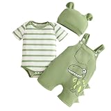 JENJON Ropa de Bebé Recién Nacidos Manga Corta Top de Rayas + Mono Pantalones con Tirantes y Dibujos de Animales + Gorro 3 Piezas Verano Conjuntos 3Pcs Dinosaurio de rayas verdes 0-3 Meses