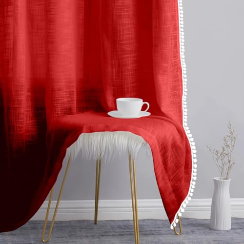 Image of THE LINEN COMPANY Cotton Sheer Grommet Curtains with Side Border Pompom Sheer Curtain for Window Linen Textured, Light Filtering, Pack of 2 (Chilli Red, 6 Feet)
