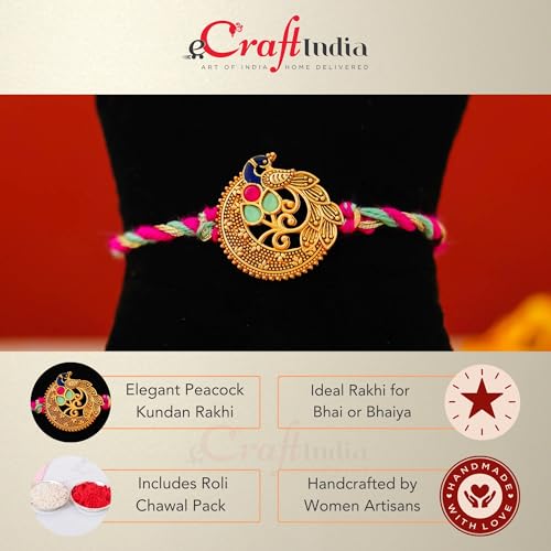 Image of eCraftIndia Peacock Designer Rakhi for Brother with Roli Chawal Pack | Mor Pankh Rakhi for Bhaiya Bhai