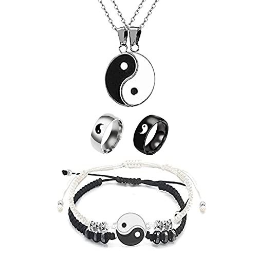 6 pieces Yin Yang Adjustable Cord Bracelet Set for Couple Yin Yang Matching Pendant Necklace for BFF Yin Yang Tai Chi Ring Band for Friendship Boyfriend Girlfriend (Yin Yang Set)
