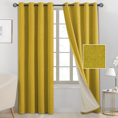 SimpleHome Mustard Yellow Linen Curtains for Bedroom 84 Inch Long 2 Panel Set,100% Blackout Faux Linen Textured Grommet Curtains for Living Room with White Liner