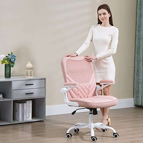 Seatzone Home Office Desk Chairs Pink Leather Computer Chair With Foldable Armrests Office Chairs For Long Hours, Height Adjustable 360° Swivel Chair With Adjustable Backrest #TOP7