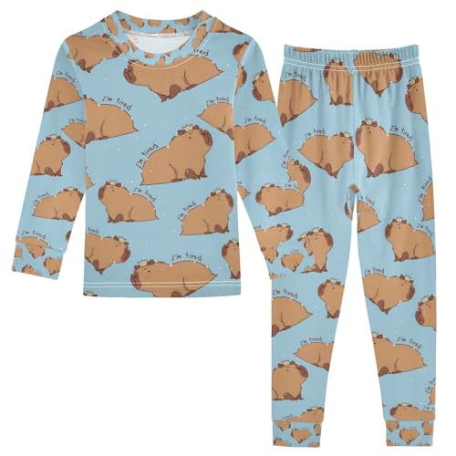 senya Capybara I Am So Tired Pajamas Set Long Sleeve Soft Cotton Sleepwear 2 Piece