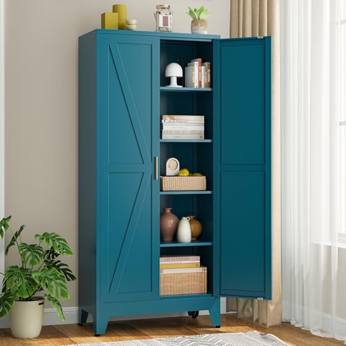 Image of Bevivog 71 inch Tall Storage Cabinets Farmhouse Freestanding Tall Bookshelf with 2 Doors and 4 Adjustable Shelves, Blue Metal Pantry Cabinet for Kitchen Living Room, Home Office, Laundry, Bathroom