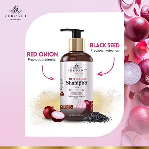 Image of Red Onion Shampoo for Hair Growth | With Black Seed Oil Extract, Keratin & Pro-Vitamin B5 | Onion Shampoo for Hair Fall Control | Onion Shampoo for Hair Fall | Anti Fall Hair Shampoo for Women & Men | Red Onion Hair Shampoo - No Parabens, Sulphates, Silicones - 300 ml