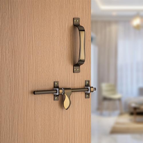 Image of COMPASS Paan Stainless Steel Heavy Single Door Fitting Accessories Full Set /Kit (1 Aldrop, 1 Latch, 2 Handles, 1 Tower Bolt and 1 Door Stopper | 10 inch | Vintage Finish