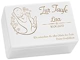 LAUBLUST Holzkiste mit Gravur - Personalisiert mit Name | Datum | WIDMUNG - Weiß Größe M - Blumenbaby Motiv - Geschenkkiste zur Taufe