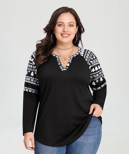 Image of CARCOS Plus Size Tops for Women Long Sleeve Fall Tunic Color Block Camo /Plaid /Leopard /Fall Blouse Crewneck Tshirt XL-5XL
