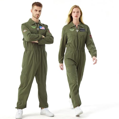 Firecos Disfraz de Piloto para Hombre Traje de Aviador Cosplay de la Fuerza Aérea Mono de Piloto para Halloween Carnaval con Parches Bordados (S)
