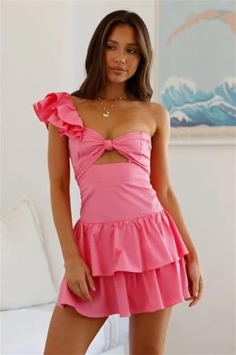 One Shoulder Tiered Homecoming Dresses for Teens 2025 Short Satin Prom Dress Mini Ruffle Cocktail Party Gown with Bow3