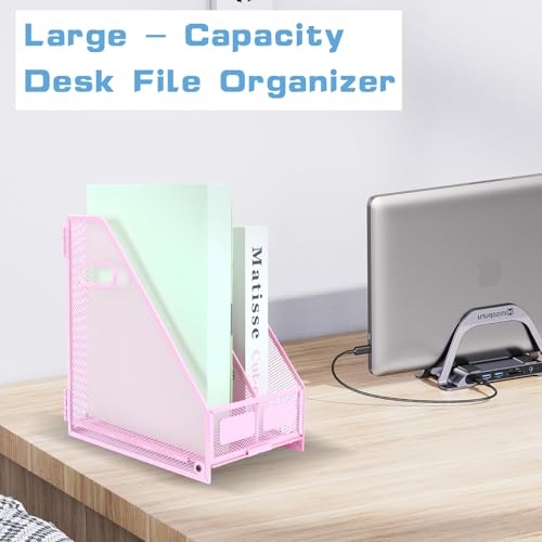 TSDRBWO Desk Organizers Metal Magazine File Holder Racks Desktop Folder Storage Binder Organiser Document Organization for Home Office & Classroom,2 Vertical Compartments-Pink by TSDRBWO - Image 6