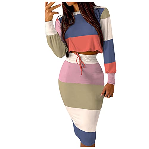 Charmap- Hawaiian Dresses For Women Printed Skirt Set 2 Piece Casual Midi Pencil Dress With Drawstring Printed Long Sleeve Crop Tops Formal Dress Set Pink #TOP2