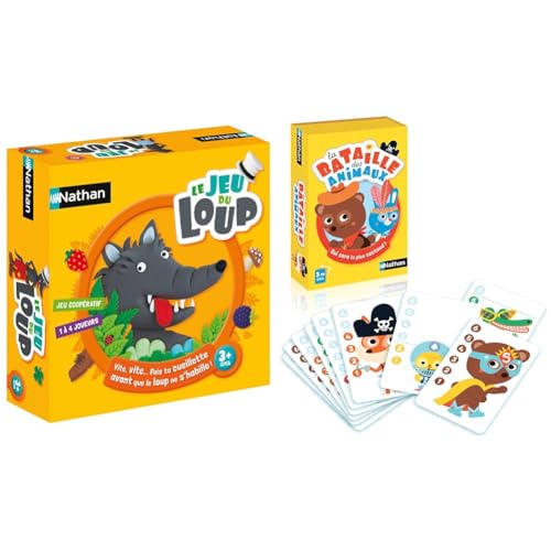 Nathan - 31129 - Le Jeu du Loup - Jeu de société coopératif dès 3 Ans &amp; La Bataille des Animaux - Jeu de Cartes simplifié pour Enfant dès 3 Ans - 2 Joueurs
