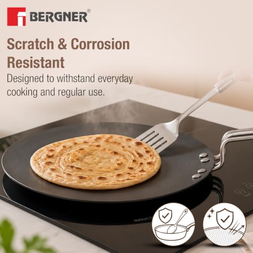 Image of BERGNER ArtisanForge Hard Anodised 28cm Roti Tawa, Sturdy Handle, Durable, Even Heat Distribution, 4.8mm Thickness, Metal Spoon Friendly, Paratha /Phulka /Chapati Tawa - Induction and Gas Stove Ready