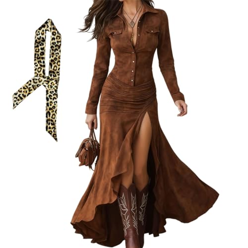 Vestido vintage de gamuza occidental para mujer, cuello en V, manga larga, con botones, vestido de gamuza sintética estilo vaquera, caramelo, L