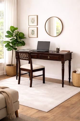 Image of Solid Sheesham Wood Two Drawer Study Table with Chair | Students Reading & Writing Table | Laptop & Work from Home Table (Dark Walnut)
