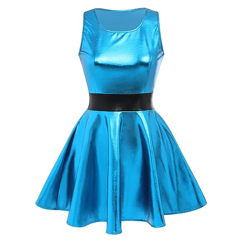 Damen Metallic ?rmellos Minikleid Holografisch Partykleid Gl?nzend Skater Festkleid Festival Rave Outfits Alien Kost?m Halloween Fasching Karneval...