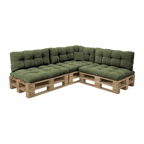 POKAR Set de 8 Cojines para Palets en Pana Suave: 3X Asiento, 3X Respaldo, 1x Lateral, 1x Decorativo | Cojines Acolchados para Sofá de Jardín | Interior y Exterior Caqui