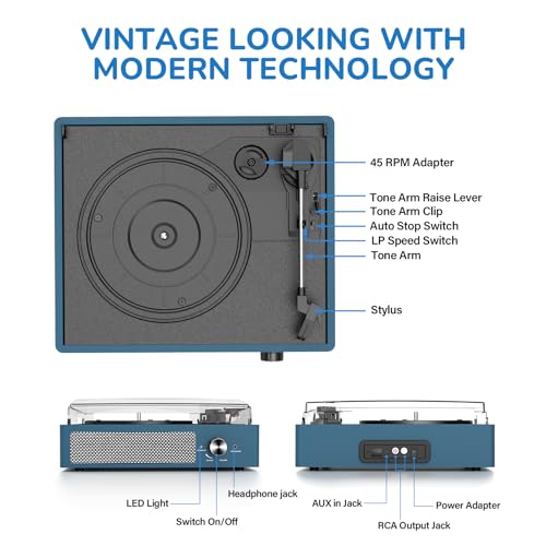 Image of Vinyl Record Player with 2 Stereo Speakers Belt-Driven Vintage Turntables 3 Speed 3 Size Wireless Bluetooth Playback AUX-in RCA Out Headphone LP Vinyl Players Auto Stop Frosted Blue