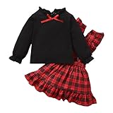 【El paquete incluye】 1 x camiseta de manga larga sólida + 1 x faldas de tirantes a cuadros.