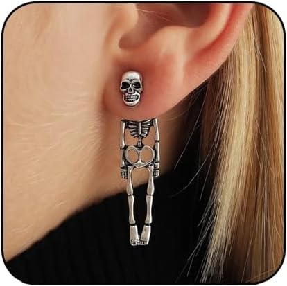 COOLive 2 Pair Punk Halloween Earrings for Women, Spooky Skull Skeleton Dangle Earrings for Women,Bloody Knife Drop Earrings,Scary Halloween Party Earrings for Halloween Accessories(Silver+Gold)