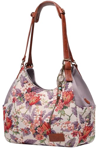 Image of Worldlyda Women Canvas Hobo Purse Multi Pocket Tote Shopper Shoulder Bag Casual Top Handle handbag with Embroidery Ethnic