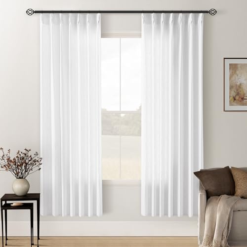 Image of Snow White 72 Inch Pinch Pleated Linen Curtains 2 Panels for Living Room Bedroom Memory Training Shaped Semi Sheer Short Pleat Drapes with Hooks Rings Back Tab Window Curtain Cabin Closet 40x72