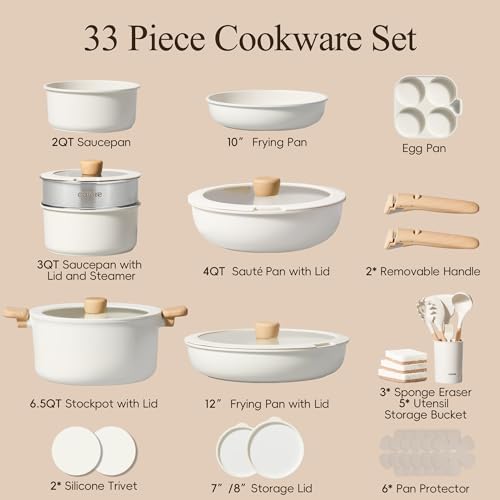 Image of CAROTE 33pcs Pots and Pans Non Stick, Cookware Sets Detachable Handle, Induction Kitchen Pots and Pans, NonStick Cooking Set, Oven /Dishwasher /Fridge Safe, Space Saving