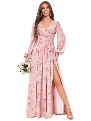 BOLENSYE Women's Long Sleeve Bridesmaid Dresses Chiffon Ruched A Line Formal Evening Party Gown with Slit