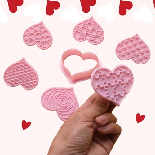 PTaizjjz Valentines Cookie Cutter,6 PCS Plastic Heart Cookie Cutters and Stamps,Valentines Heart Shaped Biscuit Cutter Set - Image 3
