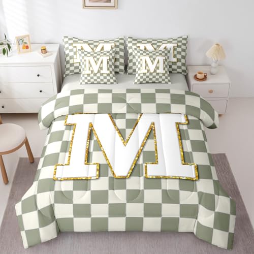 Image of Erosebridal Sage Green Checkered King Bedding Set 7 Piece Plaid Initial M Bed in A Bag with Sheets Personalized Monogram Comforter Set for Kids Adults,Fashion Grids Gingham Bed Sets