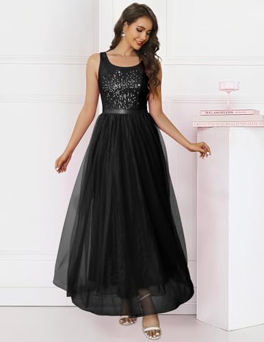 Image of BeryLove Sequin Dress for Woman Vintage A Line Wedding Formal Swing Mesh Dress Sleeveless Cocktail Maxi Gowns