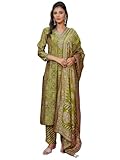 Vaamsi Pantalon Kurta droit brodé en soie verte avec motifs ethniques avec ensembles Dupatta | Ensemble Kurta droit quotidien pour femme | Costume Salwar brodé pour femme, Vert, L
