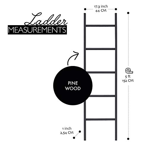 BALIBETOV Premium Pine Wood Decorative Ladder, Blanket Ladder, Towel Ladder Blanket ladders for The Living Room, 5ft Tall Decorative Ladder for Blankets (Black, 5.00)
