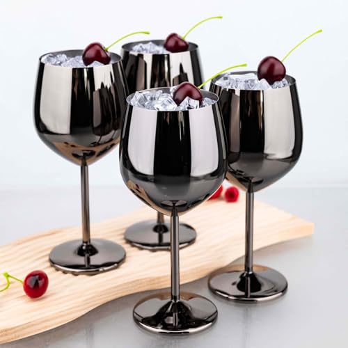 TJ Wine Glasses Stainless Steel Set of 4, Unbreakable Wine Glass 17oz, Wine Accessories Cool Wine Glass, Wine Goblets for Outdoor, Travel, House Warming, Valentines, Anniversary, Black — view 6