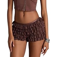 Womens Layered Lace Ruffle Shorts Y2k Sweet Lolita Fairy Coquette Pettipants Bloomers Shorts (Brown, S)