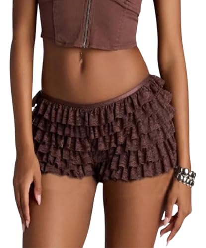 Womens Layered Lace Ruffle Shorts Y2k Sweet Lolita Fairy Coquette Pettipants Bloomers Shorts (Brown, L)