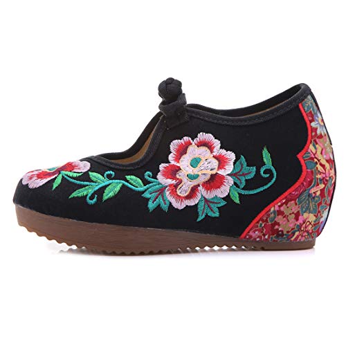 Qianmome Chinese Womens Camellia Embroidery Floral Platform Wedge Mary Jane Shoes